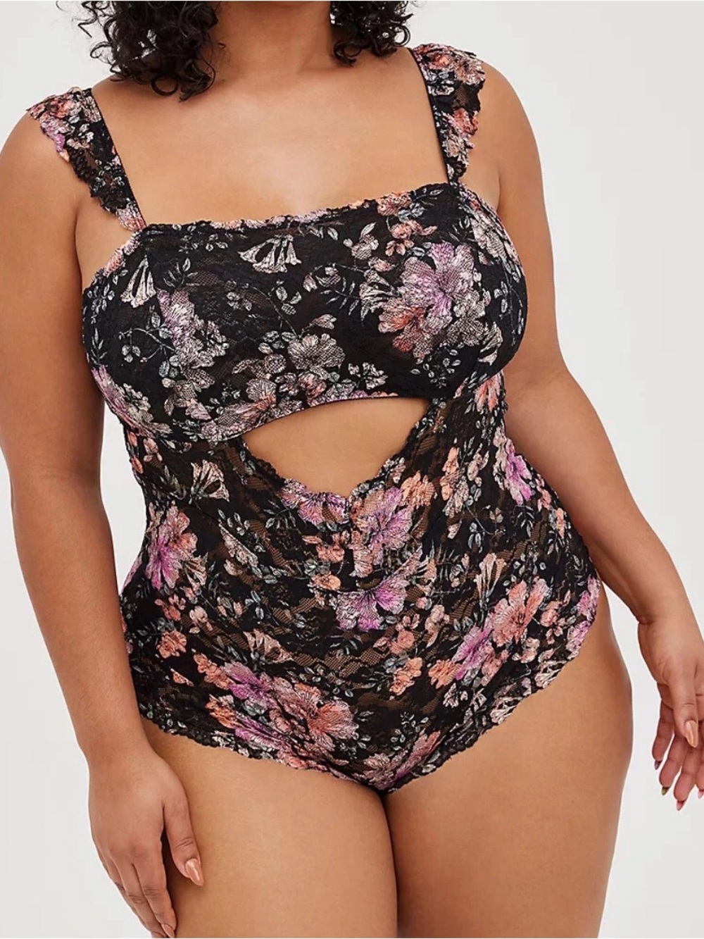 Floral Lace One Piece Lingerie in Black with Pink & Peach Flowers